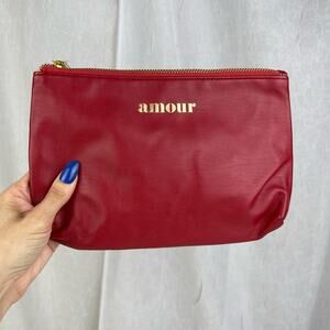 💋 NWT Red Faux Leather AMOUR Cosmetic Bag Pencil Case Gold Zipper Pouch F21
